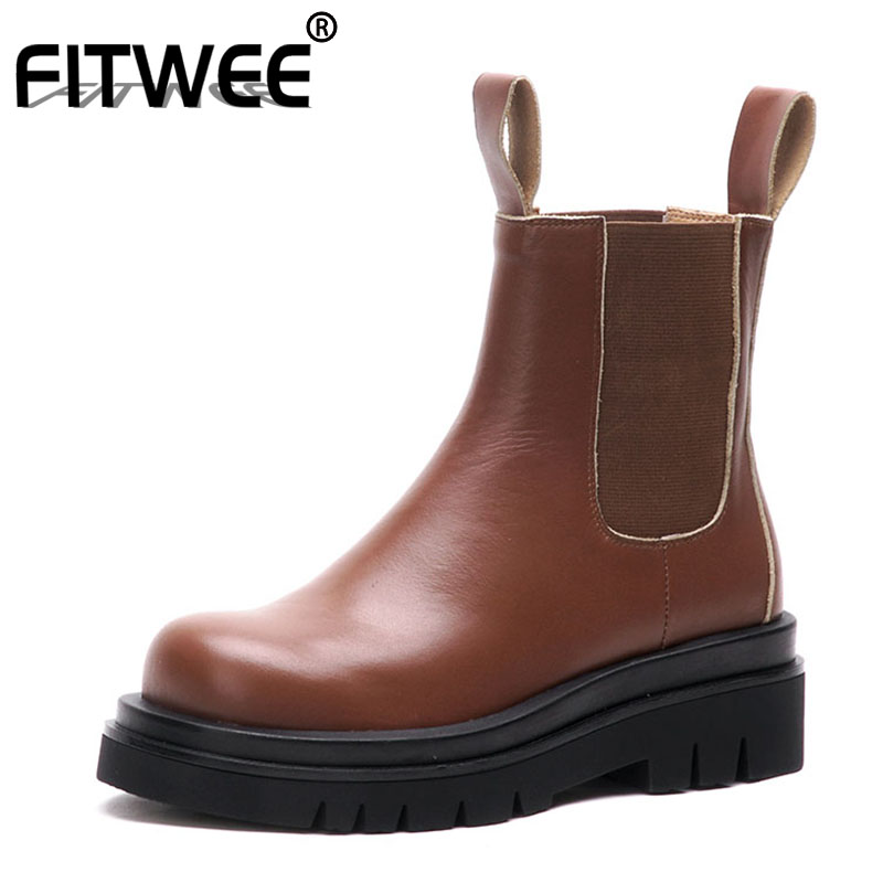 

FITWEE Real Leather Women Ankle Boots Trifle Flats Slip On Shoes Round Toe Winter Warm Boots Fashion Women Footwear Size 34-39, Black