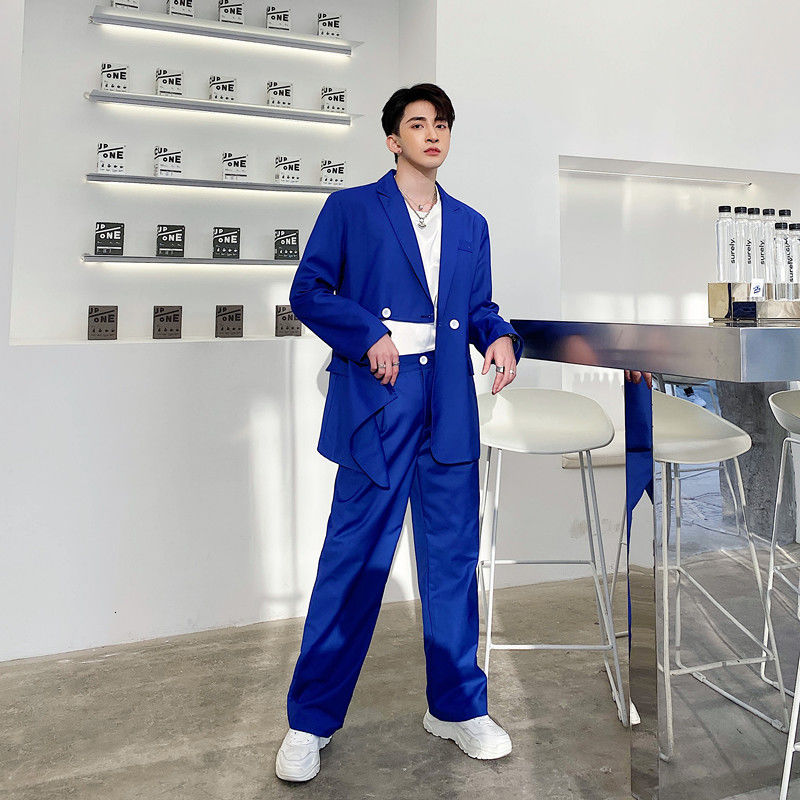 

EWQ / men's wear New sapphire blue toursers design fashion autumn all-match casual pants half leastic waist stright pants 9Y3935, Blue pants
