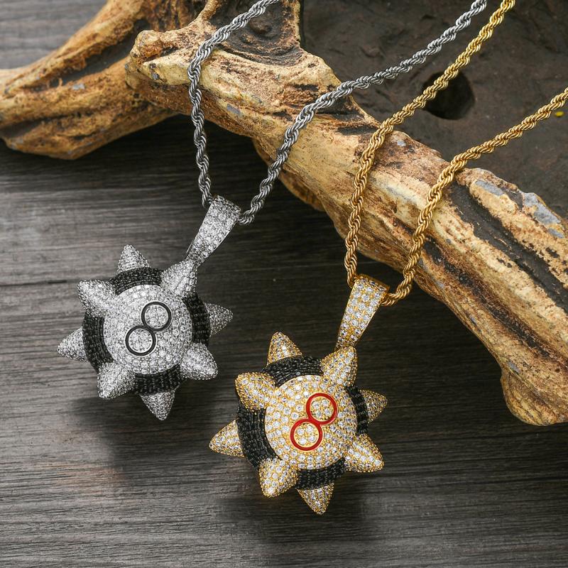 

Cross-border hot sale hip-hop black 8 meteor hammer pendant copper inlaid zircon necklace men's necklace