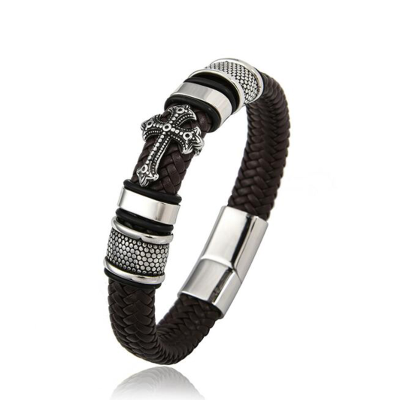 

Classical Cross Multi Layer Handmade Leather Chain Weaved Man Bracelets Fashion New Magnet Clasp Punk Stainless Steel Wristband