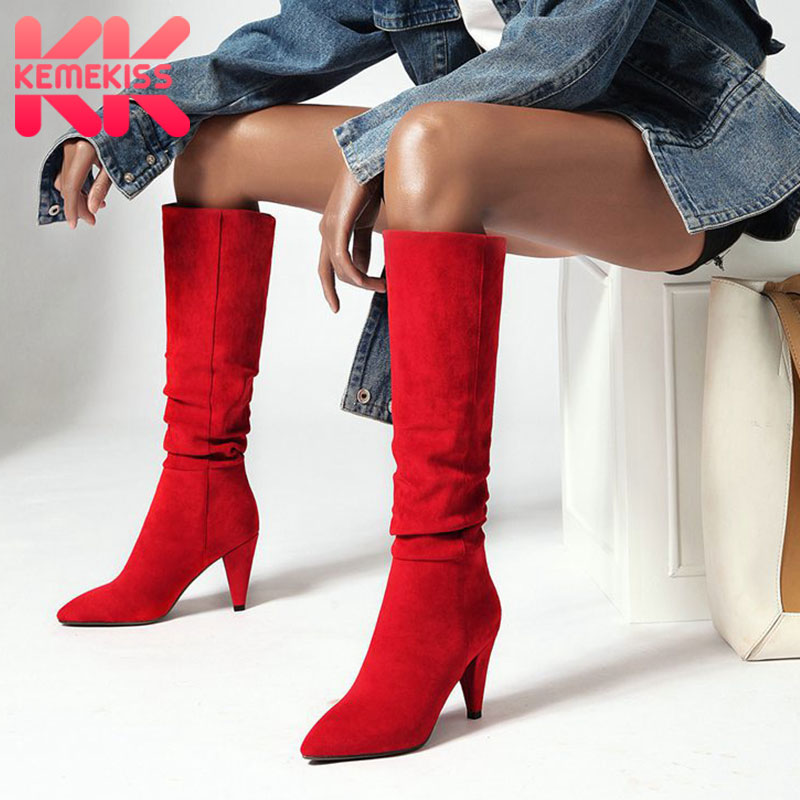 

KemeKiss Pointed Toe Women Knee High Boots Fashion 5 Colors Thin Heels Party Sexy Ladies Casual Daily Female Footwear Size 34-43, Black-leather