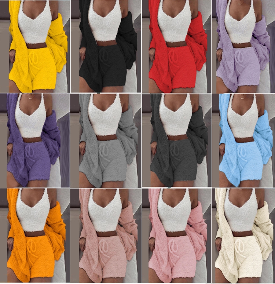 2020 New Plush Tracksuit Women 3 Pieces Set Sweatshirts Sweatpants Sweatsuit Jacket Crop Top Shorts Suit Sports Suit Jogging-image-584817102