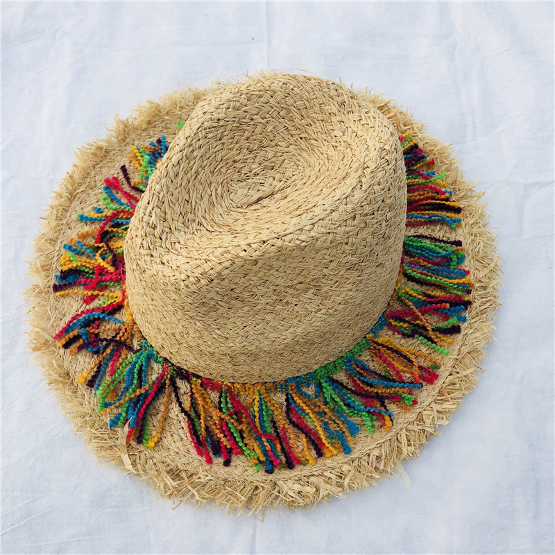 

Coloerfull Tassel Ribbon Decorate Straw Hat Shading Sun Hat Lady Fashion Beach Jazz Summer for Woman, Khaki
