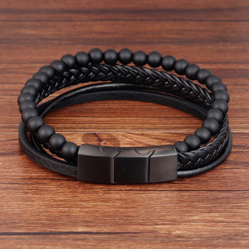 

Leather Braided Bracelet Natural Stone Lava Volcanic Stainless Steel Healing Balance Prayer Bracelet for Men/Women Jewelry