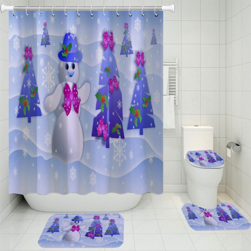 

3/4 Pieces Merry Christmas Shower Curtains Sets Snowman Carpet 3D Print Toilet Mat Festival Holiday Bathroom Non-slip Set