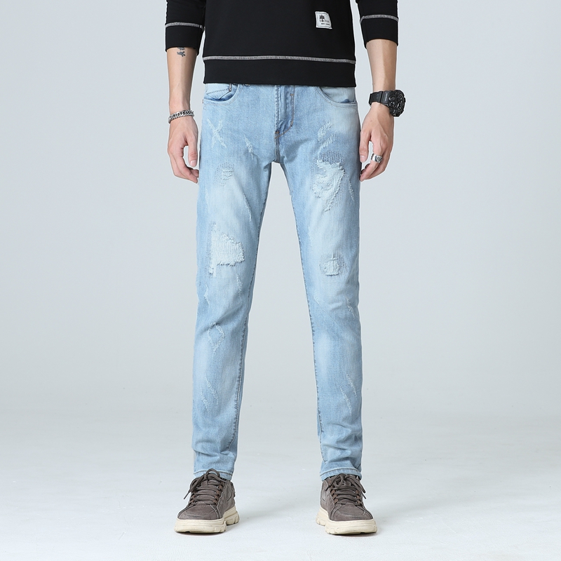 

2020 New Fashion Designer Men Jeans Slim Fit Blue Color Cotton Denim Pants Ripped Jeans Men Design Classical Homme,M006, Light blue