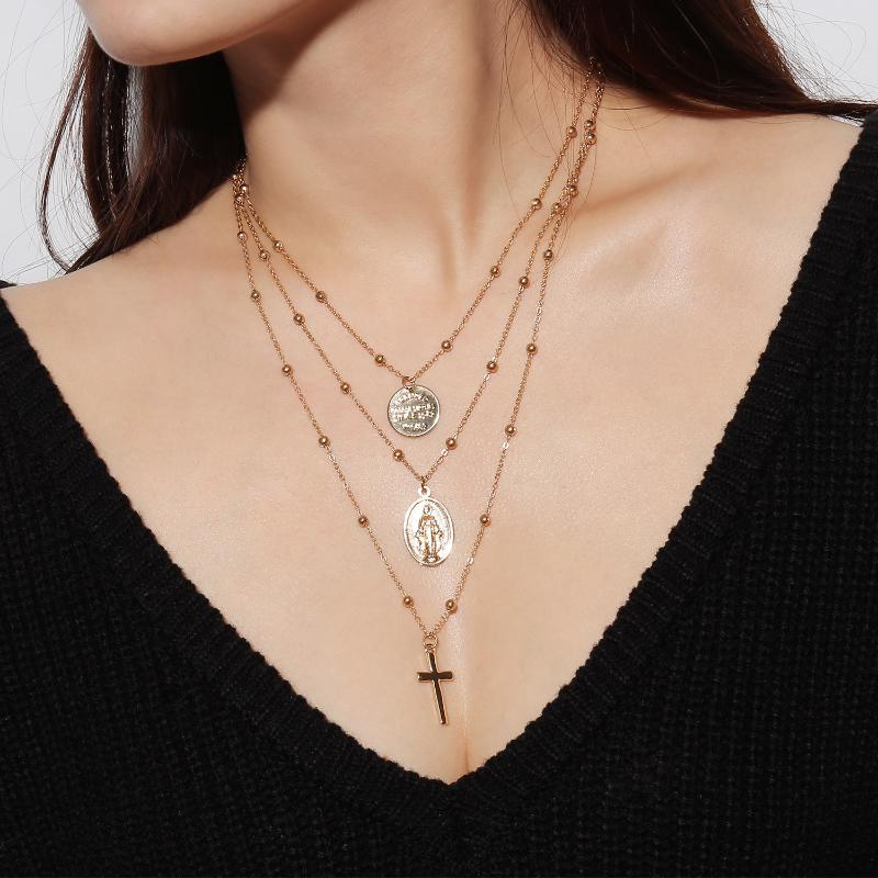 

10pc Bohemian Cross Layered Necklace Gold Jesus Maria Coin Cross Pendant Necklace Women Statement Copper Bead Fashion Jewelry