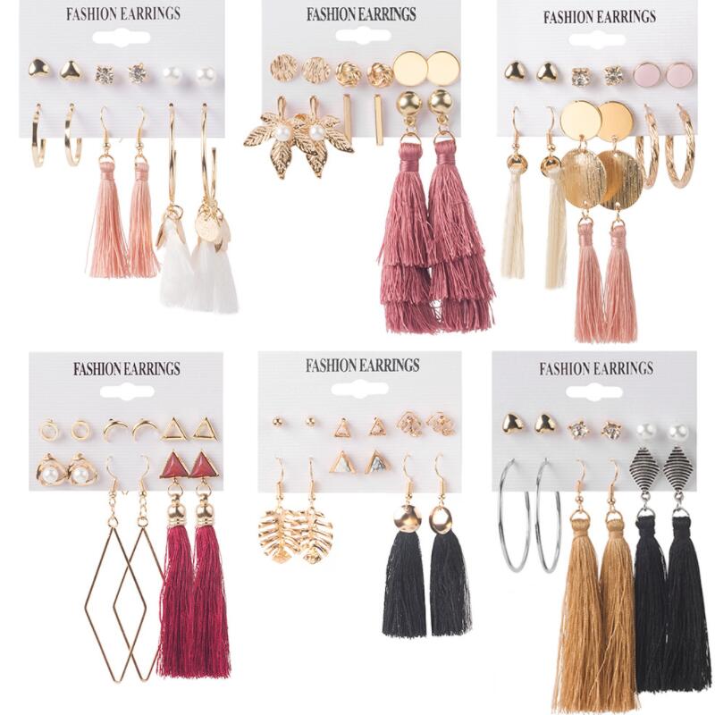 

6 Pair/Set Fashion Bohemian Crystal Long Earrings Zircon Silk Fabric Drop Dangle Tassel Earrings for Women 2020 Jewelry gift