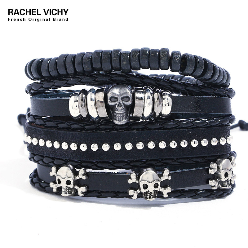 

Cool Black Vintage Multilayer Pu Leather Bracelets For Male Beads Braclet Skull Braslet Men Pulseras Hombre TZ133