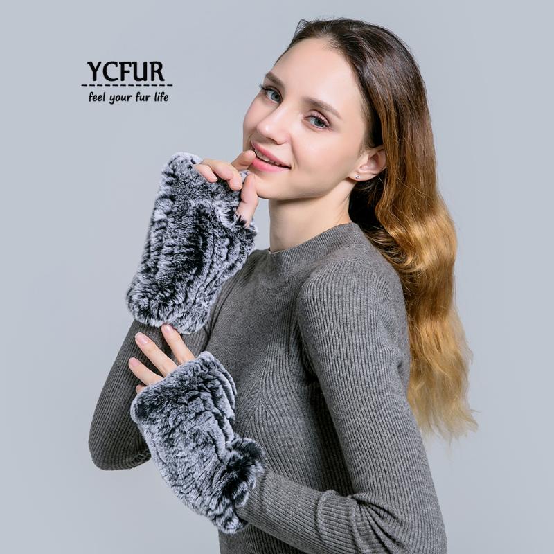 

YCFUR Winter Gloves Mittens Women Real Fur Fingerless Gloves Female Elastic Warm Hand Knitted Rex Fur for Girls