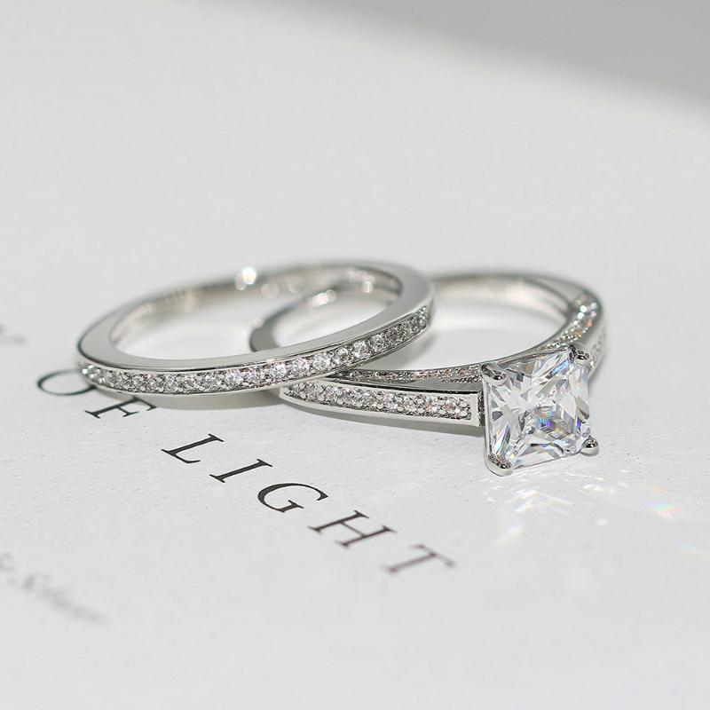 

ZHOUYANG Wedding Engagement Ring Sets For Women Simple Square Cut Cubic Zirconia 2 PCS Silver Color Gift Fashion Jewelry R605
