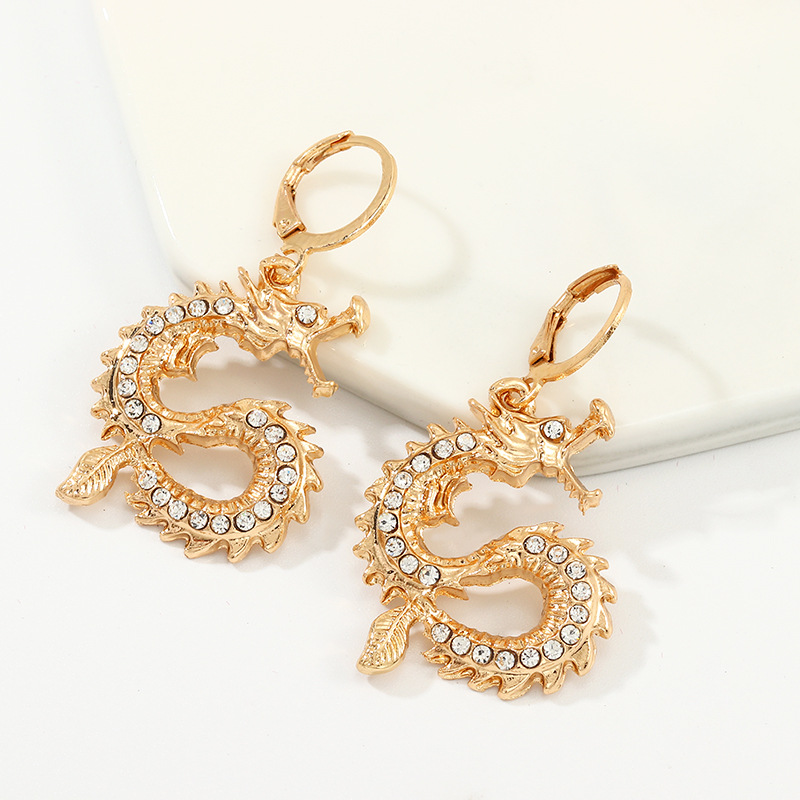 

Fashion Gold Dragon Rhinestone Dangle Earrings Personality Hip Hop Cool Jewelry Accessories