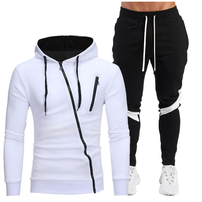 

2020 winter fashion casual men's zipper sweater + stitching trousers suit fashion sports men's 2 solid color casual suits, 17