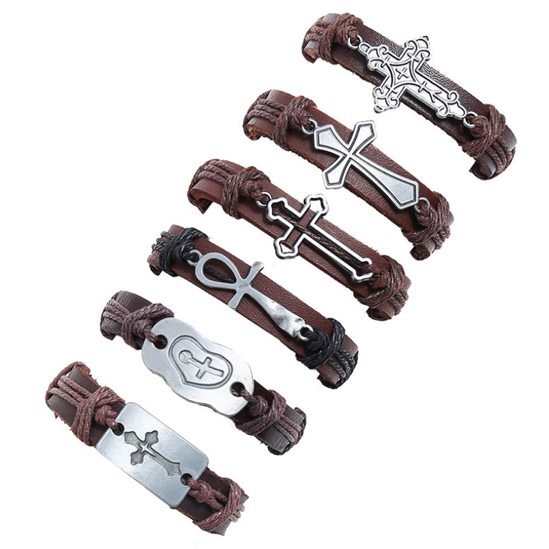 

Fashion Vintage Cross Jewelry for Women Men Brown Genuine Leather Rope Bracelet Set Wristband Retro Alloy Charm Wrap Bangle Gift
