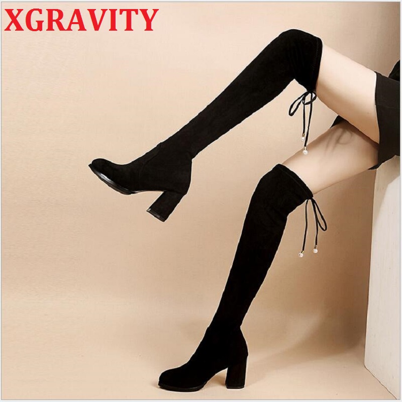 

XGRAVITY Fashion Over The Knee Boots Elegant Fashion High Heel Shoes Autumn Ladies High Heel Boots Stretch Fabric S023, 3cm heel