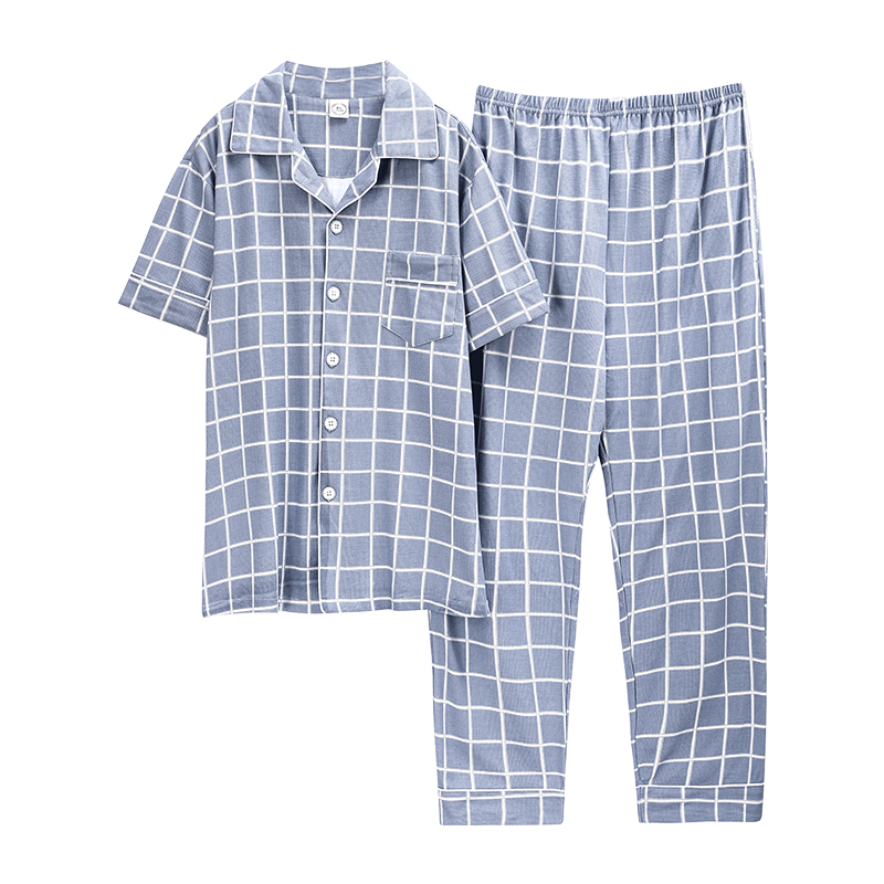 

2020 Turn Down Collar New Plaid Printing Casual Style Chinese Pajamas Fashion Style Short Sleeve Long Pants Homesuit Homeclothes, U2017