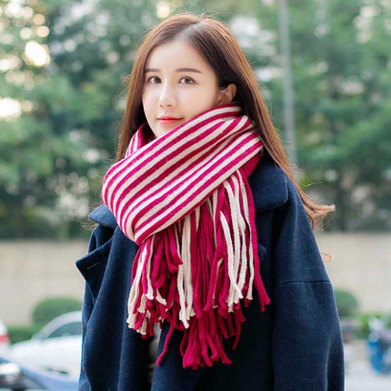 

Scarves Autumn Winter Scarf Women Knitting Tassels Thick Woolen Yarn Keep Warm Korean Striped Wild Cashmere Dual-Use Students