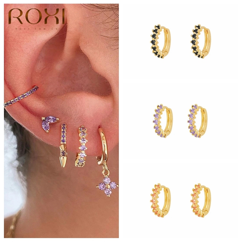 

ROXI Circle Round Hoop Earrings for Women Purple Black Orange Zircon Crystals Engagement Wedding Earring Silver 925 Jewelry Aros