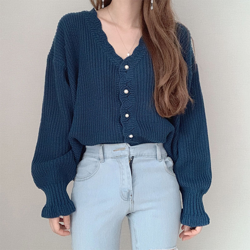 

Women Autumn New Vintage Chic Pearl Button Knitted Cardigans V-neck Hollow Out Sweater Solid Color Jackets female Tops PL500, Purple