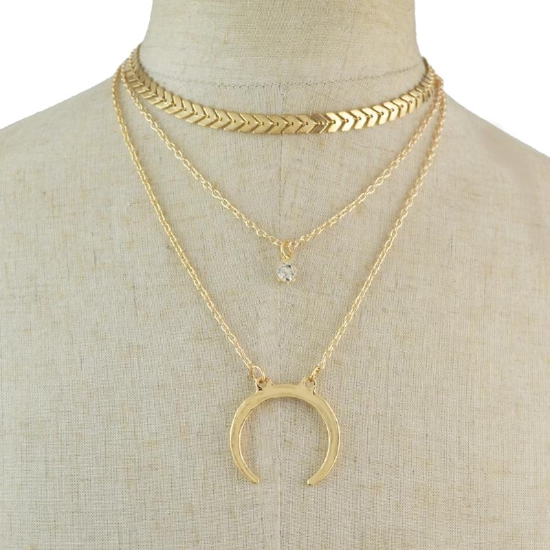 

Vintage Multilayer Crystal Pendant Necklace Women Color metal Beads Moon Star Crescent Choker Necklaces Party Jewelry