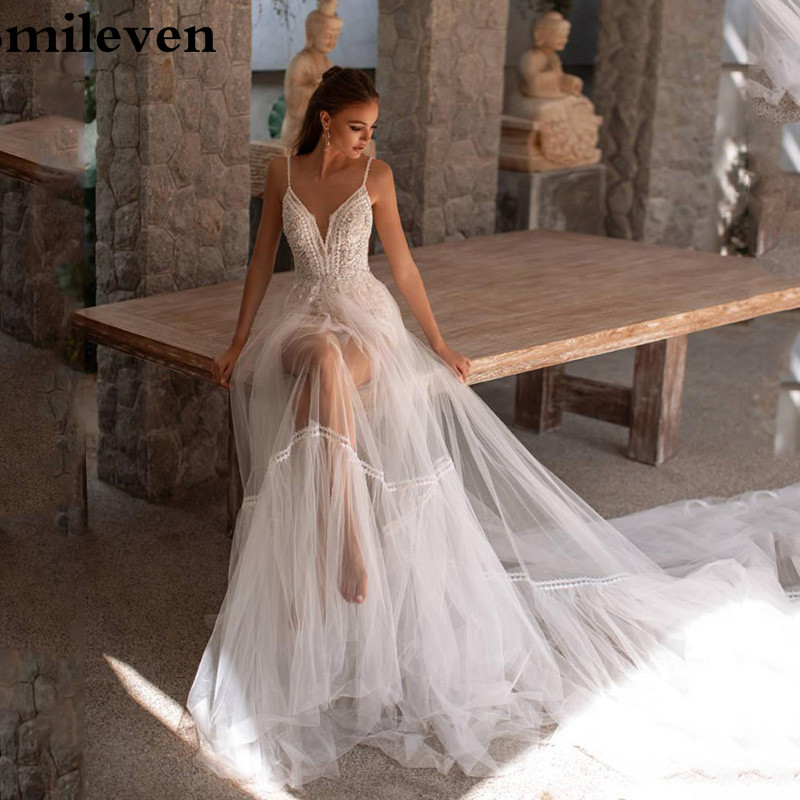 

Smileven Beach Wedding Dress V Neck Sexy Spaghetti Strap Bridal Gowns Vestido De Noiva V Neck Boho Wedding Gowns, White