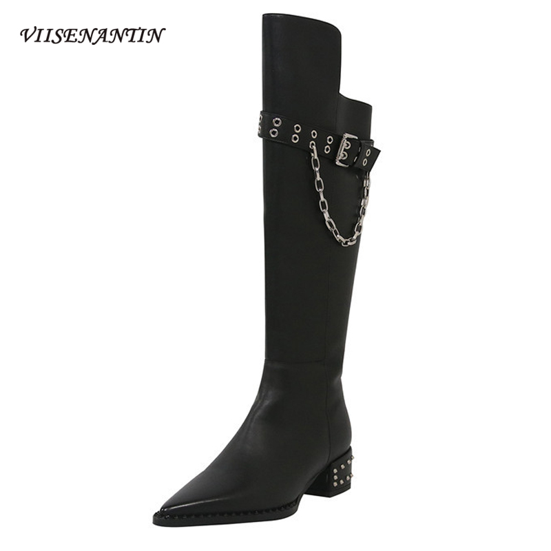 

Metal Chain Decoration Boots Retro Style Pointed Belt Buckle Autumn Winter Knight Boots Rivets Thick Heel Knee High Women, Black