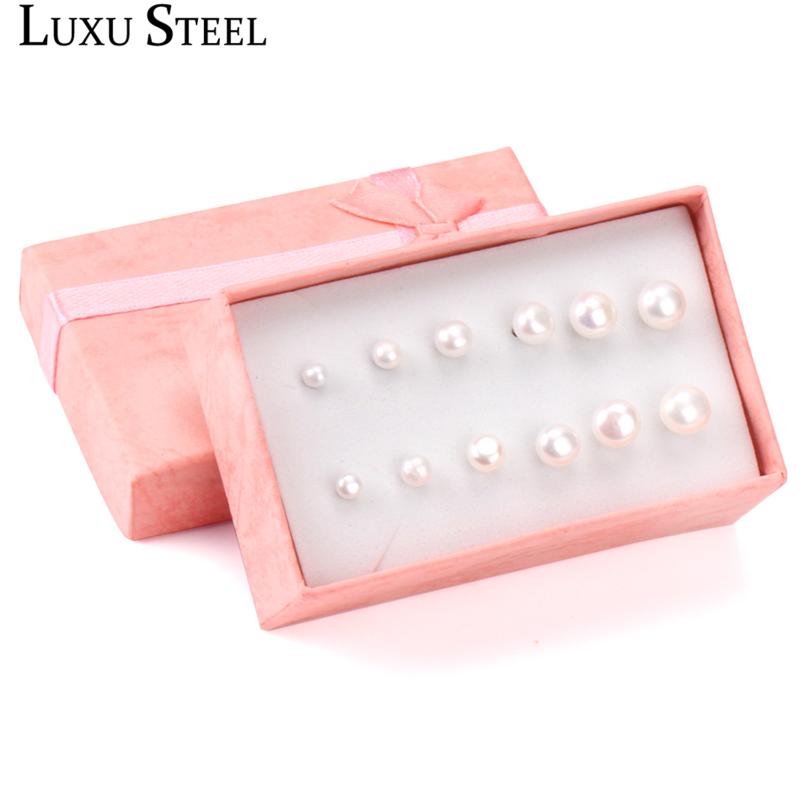 

LUXUSTEEL Pink/White Freshwater Pearl Stud Earring Sets Stainless Steel 6pairs/Boxes Earrings For Women Pendientes Mujer Party