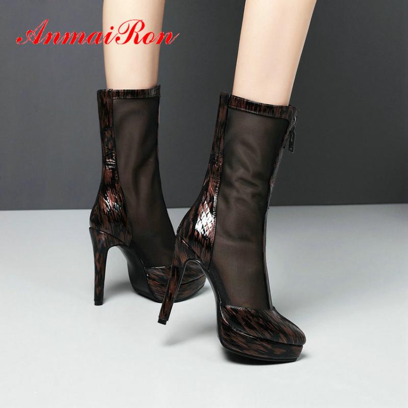 

ANMAIRON 2020 Thin Heels Round To Women Boots Zip Mid-Calf Boots Basic Mesh (Air Mesh) PU Patchwork Spring/Autumn Women Shoes, Black