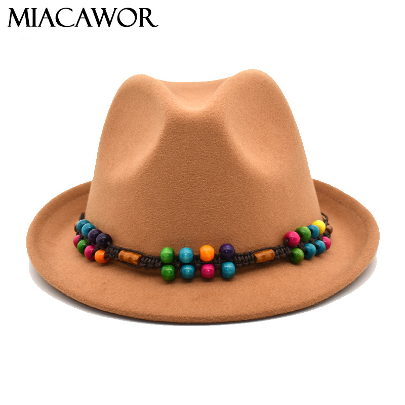 

MIACAWOR Elegant Ladies Black Winter Warm Hat Men's Fedora Small Fringe Classic Jazz Hat Felt Imitation Eool F41