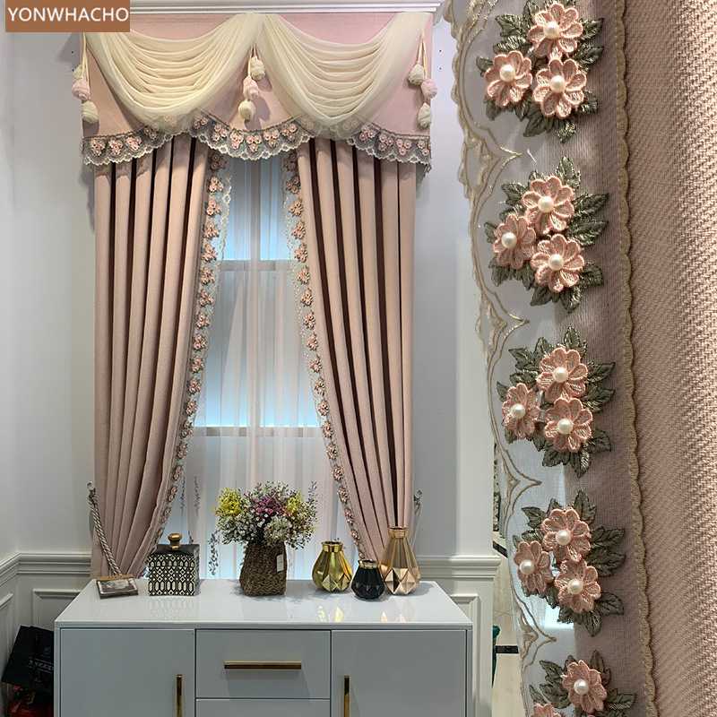 

Custom curtains Romantic Lace Living Room Bedroom Modern cotton line pink cloth blackout curtain tulle valance drape B713, Tulle sheer