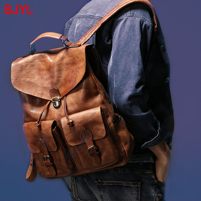 

New Leather Men's Backpack Laptop Bag Shoulder Bags Male Retro Lock Men Travel Backpacks Vintage Real Genuine Leather Solid Bag, Black