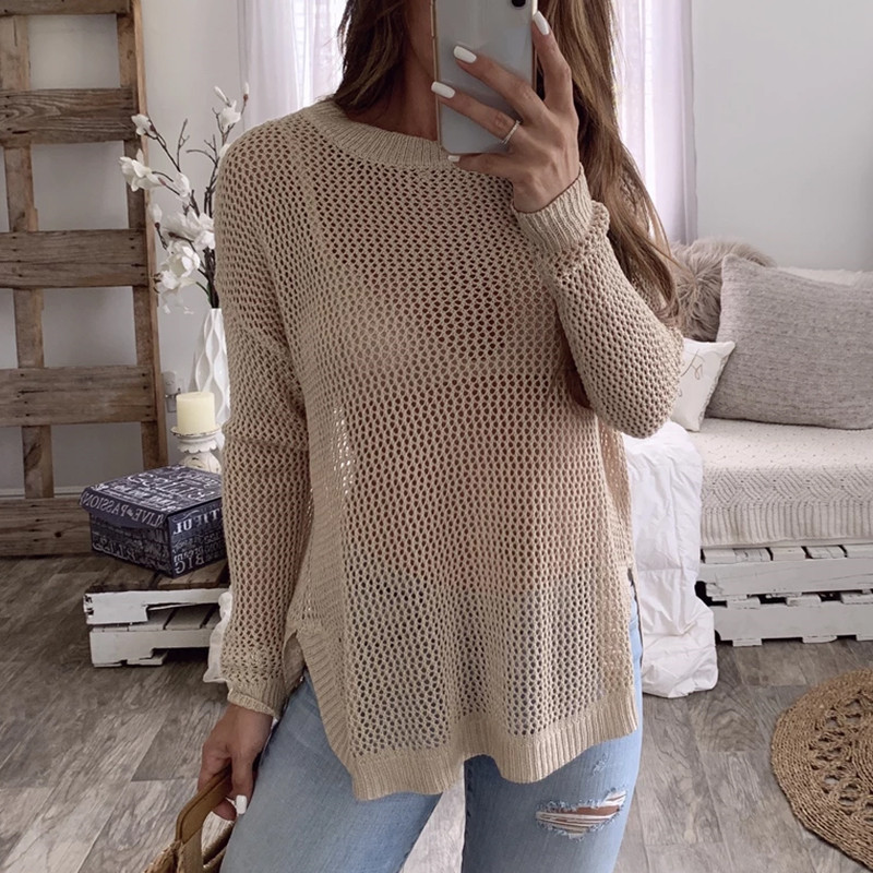 

Solid Color Women Sweaters Hollow Out Round Collar Full Sleeve Loose Knitting Pullovers Split Thin Ladies Jumpers Streetwear, Yellow