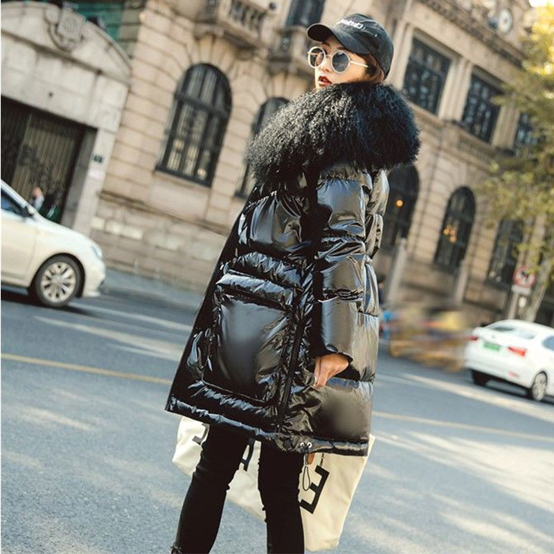 

2020 Winter jacket parkas Womens 90% white duck down Coat Patent Leather Bright Loose Real Mongolian Lamb Fur Collar thick Coats