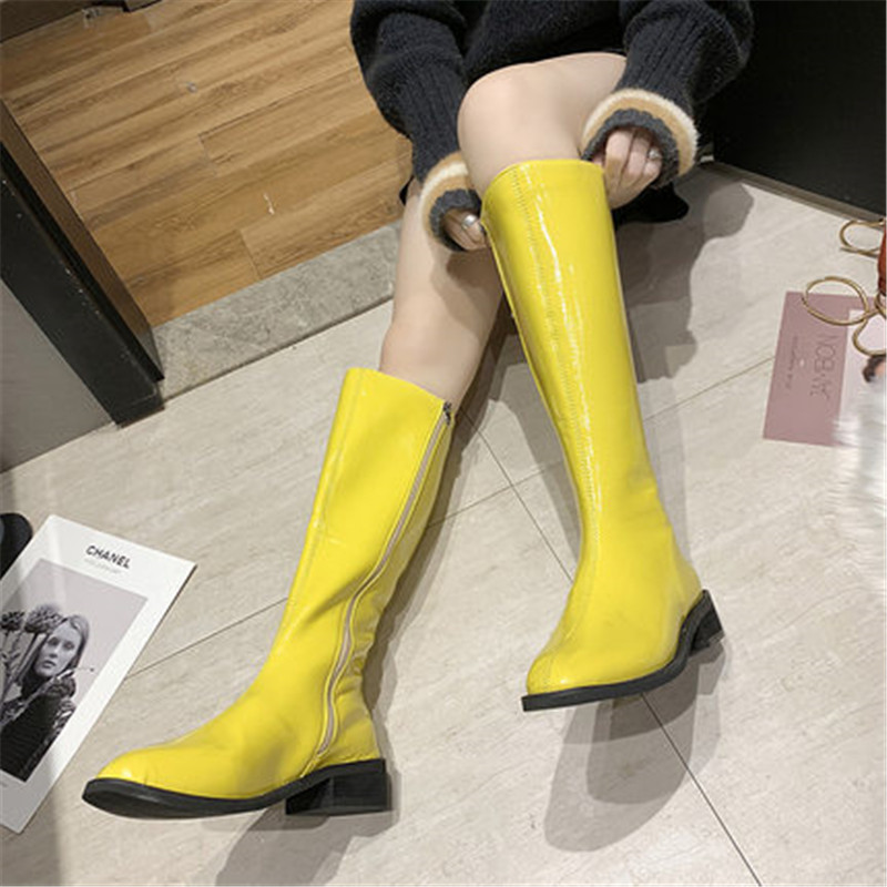 

Women Knee High Boots Square Heel PU Leather Sexy Fashion Candy Color Zip Long Boots Fashion Female Shoes black beige green blue