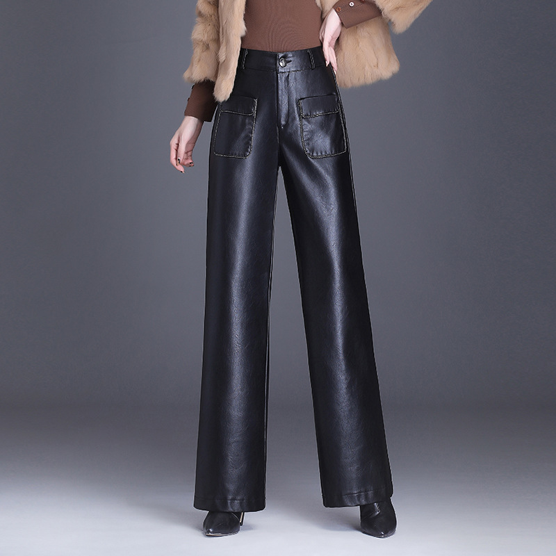 

Autumn Winter Women High Waist Black PU Leather Wide Leg Pants Office Lady Elegant Chic Plus Size Straight Faux Leather Trousers