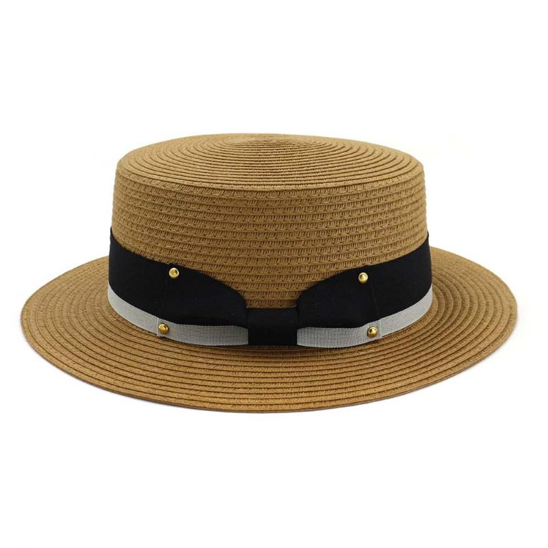 

2020 Simple Summer Parent-child Beach Hat Female Casual Panama Hat Lady Brand Women Flat brim Bowknot Straw cap girls Sun Hats, Khaki