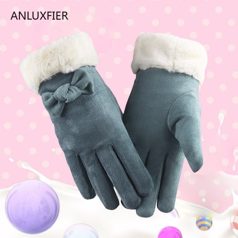 

H9879 Women Warm Gloves Autumn Winter Outdoor Driving Thermal Velvet Touch Screen Hand Muff Ladies Suede Bowknot Sweet Mittens