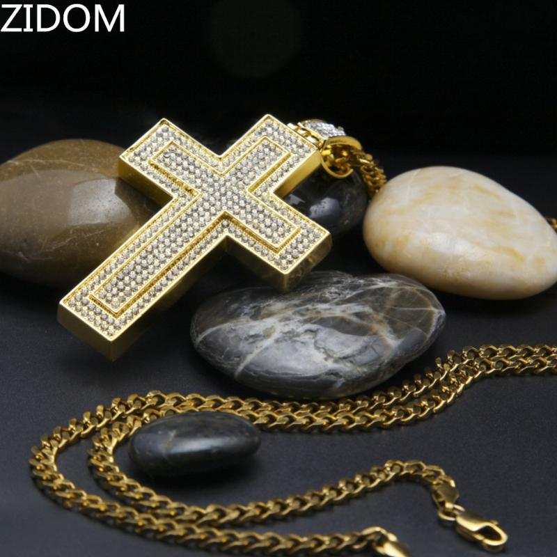 

Men Gold color iced out Full Rhinestone cross pendant necklace with 70cm hip hop cuban link chain necklaces Drop shipping