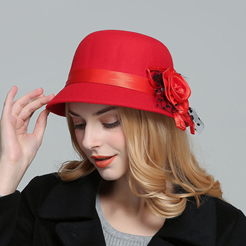 

Fashion Vintage Ladies Formal Fedora Bowler Hats Women Hat Imitation Woolen Flower Warm Bucket Cap Elegant