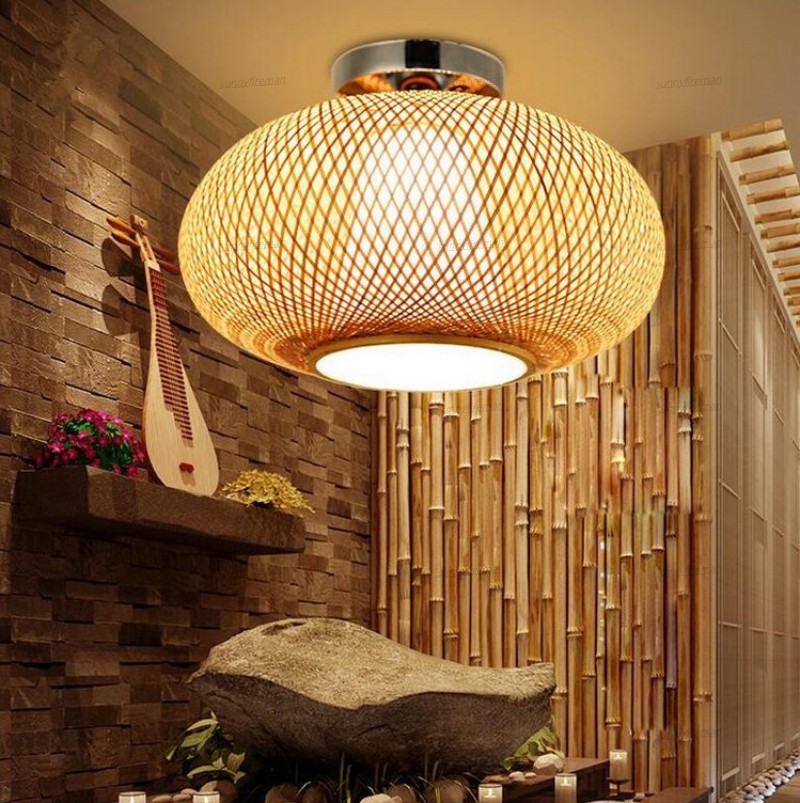 

Bamboo Wicker Rattan Shade Flush Mount Ceiling Light Fixture Japanese Asian Rustic Plafon Lamp Bedroom Kitchen Hallway Balcony