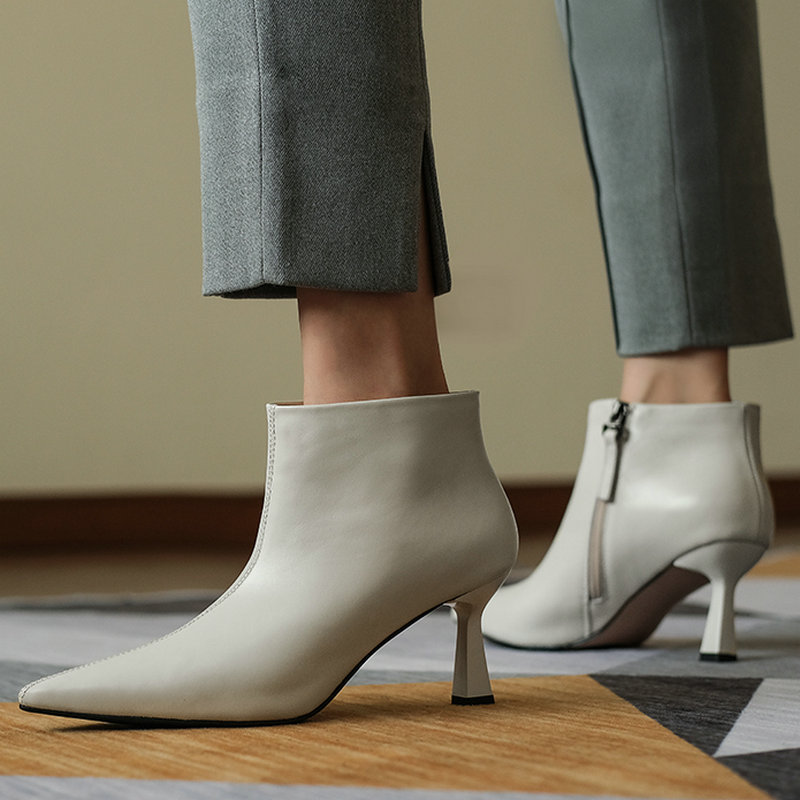 

Women Genuine Leather Ankle Boots Pointed Toe Zipper Fall New Fashion Sexy Dress Black Red Beige Short Boots Woman Booties