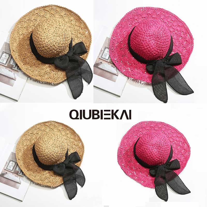 

Girls Straw Hat Summer Beach Baby Sun Hat Round Top Raffia Wide Brim Straw Hats Children Bow Design Women Parent-Child Beach Cap, Beige