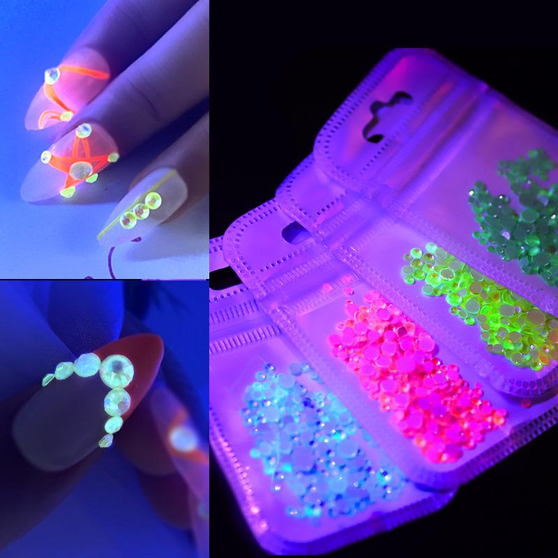 

1Pack Luminous Crystal AB Nail Rhinestones Mix Size Glitter Glass Gem 3D Charm Flatback Strass Fluorescence Nail Art Decorations