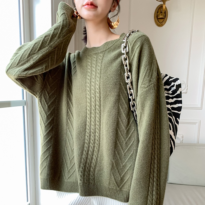 

2020 Autumn Cashmere Sweater Women Big Size Loose Pullovers 100% Woolen O Neck Twist Knit Ladies Tops Fashion Bat Sleeve Sweater, Brown