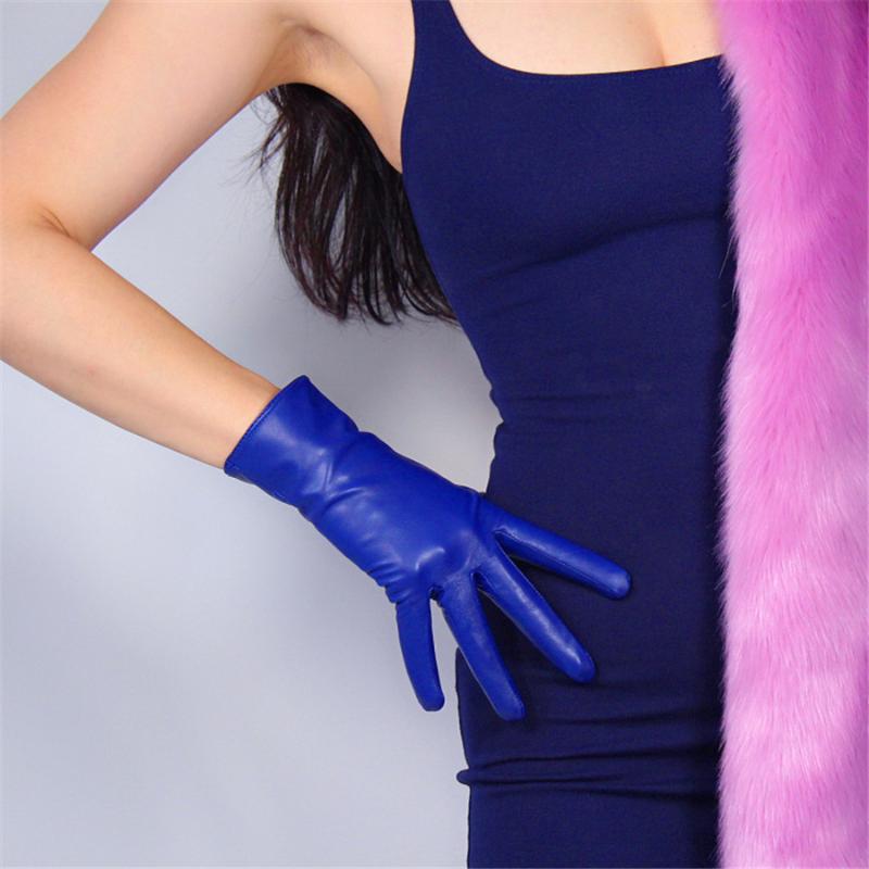 

25cm Genuine Leather Gloves Short Goatskin Women'S Thin Velvet Lined With Dark Blue Sapphire Blue S00193-LS
