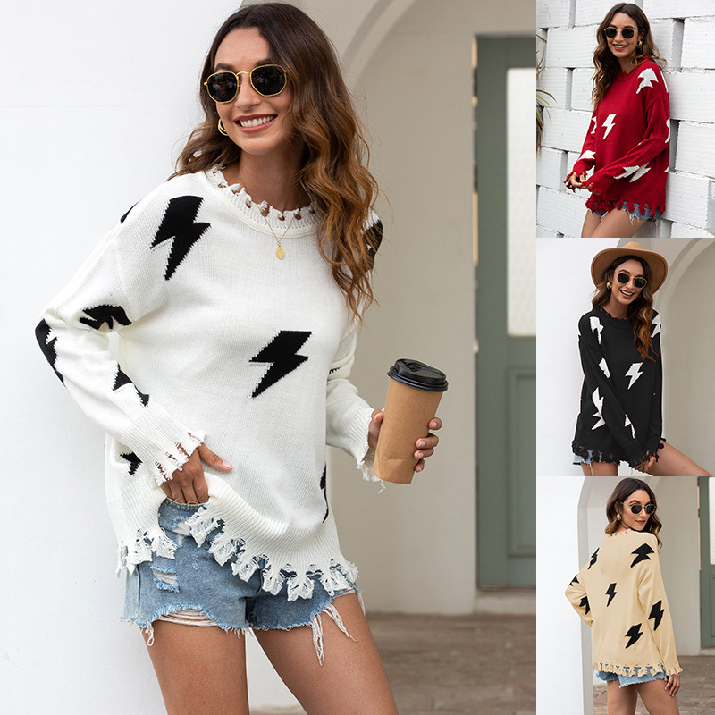 

Knitted Sweater for Women Spring Autumn Ripped O Neck Loose Sweater Pullovers Oversized Ladies Tassel Tops White Black 2020, Beige