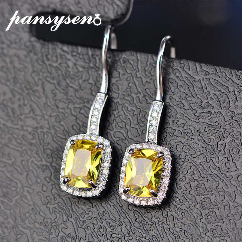 

PANSYSEN Luxury Wedding Party Drop Earrings For Women Genuine 925 Sterling Silver Jewelry Citrine Earrings Daily Birthday Gift