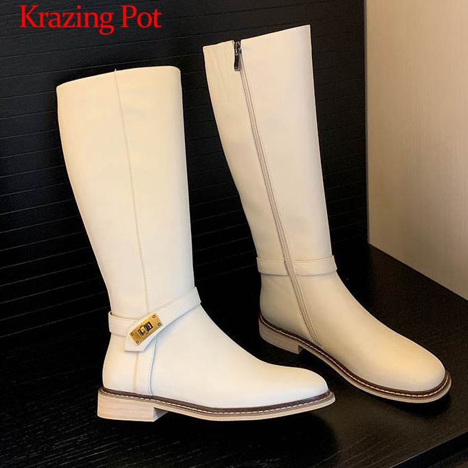 

krazing pot split genuine leather round toe low heels fairy metal fasteners winter white color online star thigh high boots L90, Beige