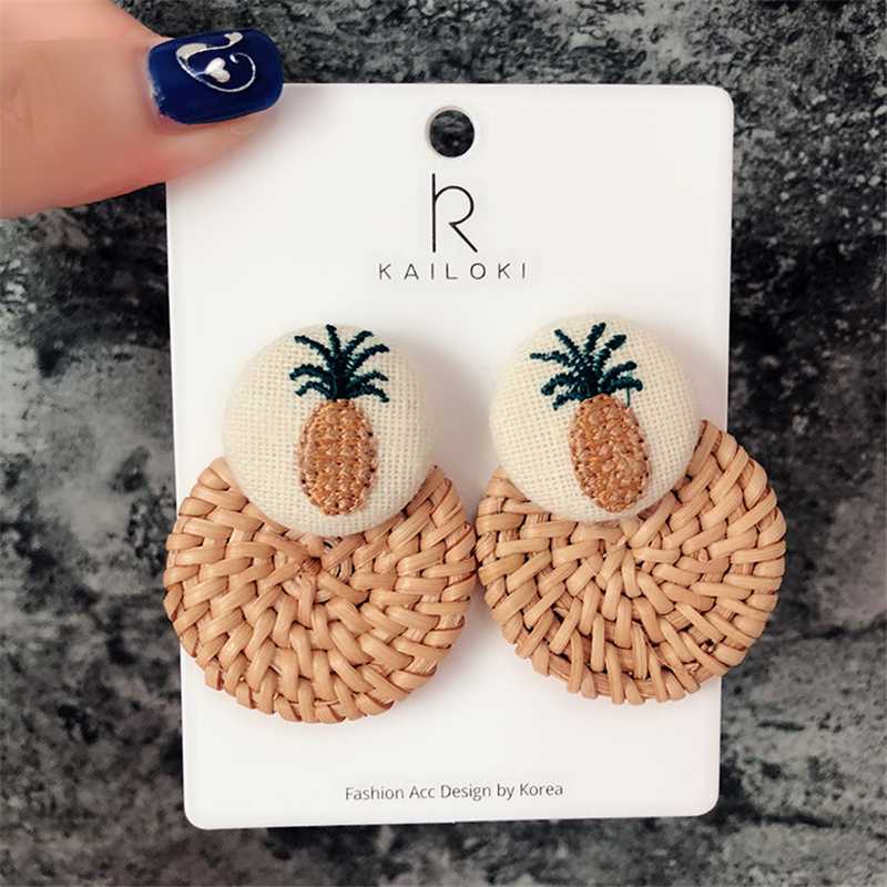 

Handmade pineapple Drop Earrings For Women Wooden Straw Weave Rattan Earrings Big Round ball Wedding Trendy Dangle Jewelry