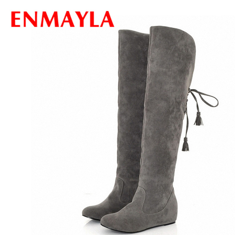 

ENMAYLA Free Shipping Fashion Slip On Snow Boots Fashion Winter Back Lace Up Knee High Boots Fur for Women Flats, Black